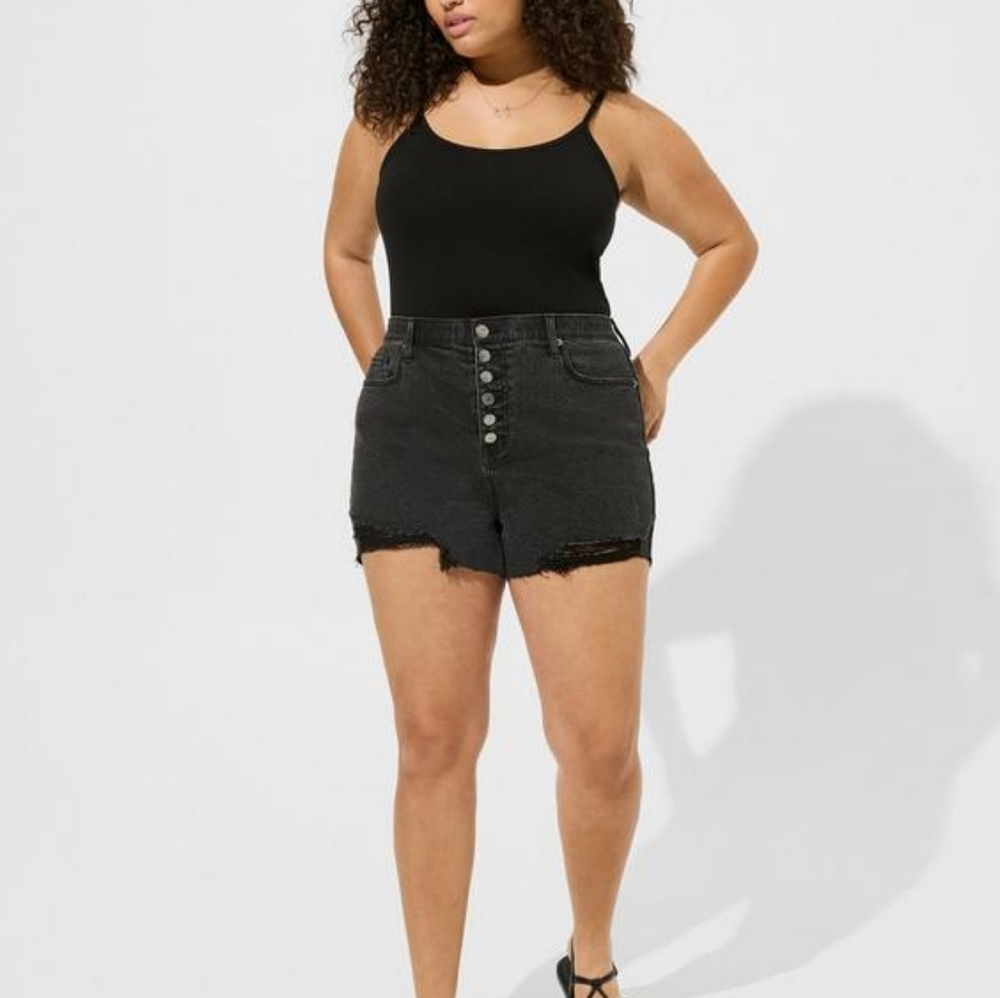 Torrid Size 16 Black Denim Destroyed Shorts Button Fly High Waist 3.5 inseam